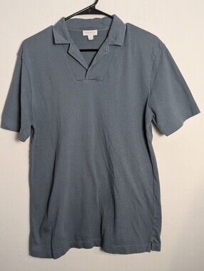 Sunspel Polo Shirt open knit Gray pointelle cotton Johnny collar Sz M